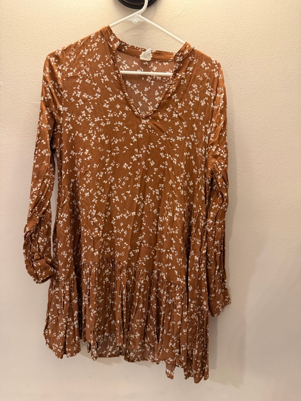 Flawless Rust Brown Floral Tiered Babydoll Mini Dress Long Sleeve V-Neck Small